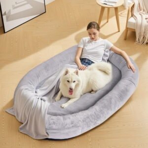 Hidpriva Human Dog Bed for Adults, 71″ Extra Large Human-Sized Dog Bed, Washable Faux Fur with Blanket and Pillow, Gray