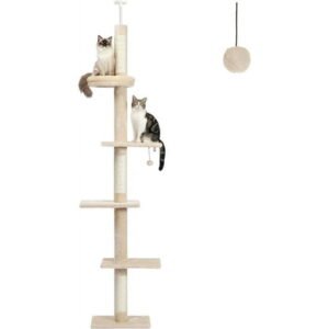 PETEPELA Floor to Ceiling Cat Tree, Cat Tower 5-Tier Height(95-107 Inches) Adjustable,Tall Cat Climbing Tree Featuring with Scratching Post, Cozy Bed,Interactive Ball Toy for Indoor Cats/Kitten Beige