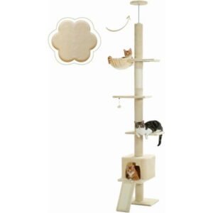 QRKD Floor to Ceiling Cat Tree, Cat Tower 5 Tiers Tall (83-108 Inches) Adjustable Height, Cat Climbing Tree Featuring with Condo, Scratching Post and Perches for Indoor Cats, Flower Beige
