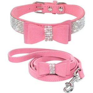 Beirui Rhinestone Bling Leather Dog Collar and Leash Set – Soft Flocking Sparkly Crystal Diamonds Studded – Cute Double Bowknot Collar with 4 Foot Leash for Pet Show,Pink,Neck fit 8-10″