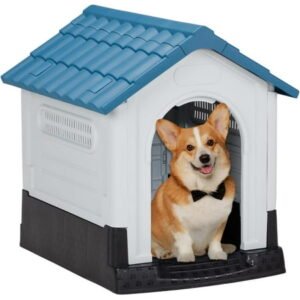 SAEWUD Plastic Dog House, Weatherproof Pet Dog Kennel Outside, Puppy shelter with Air Vents and Elevated Floo for Small Medium Large, Indoor & Outdoor Use (Blue, 26“)