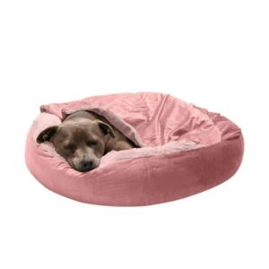 Furhaven 27″ Round Medium Donut Dog Bed Plush Velvet Waves Hooded Calming Cuddler, Washable – Rose Pink, Medium Faux Fur & Velvet Rose Pink Medium Snuggery Donut Bed