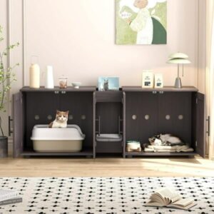 Perfect Deals Await Elegant Double-Room Cat Litter Cabinet – Stylish Litter Box Enclosure for Two Cats with Storage and Cat Mat, 55”L x 17.7”W x 22.5”H in Black
