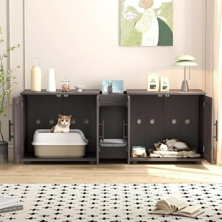 Perfect Deals Await Elegant Double-Room Cat Litter Cabinet – Stylish Litter Box Enclosure for Two Cats with Storage and Cat Mat, 55”L x 17.7”W x 22.5”H in Black
