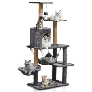 ZephyPaws Tall Cat Tree with Hammock, Basket and Scratching Post Tower, Activity Centre Climbing Tree Cat Furniture with Kitty Condo and Toy Balls (Dark Grey)