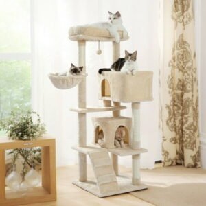 Demi Bonn 56″ Cat Tree Tower for Indoor Cats, Cat Tree House for Multiple Cats with 2 Cozy Condos, Top Perch, Hammock, Climbing ladder and Dangling Ball, Dark Gray