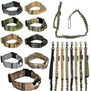 SET of Tactical COLLAR and LEASH Dog Military Army HEAVY DUTY Traning with HANDLE Width 1.5in Plastic Buckle M: Neck 12″ – 14