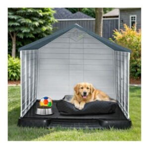 JTAOT 41″ Dog House Outdoor Large Plastic Spacious Area Puppy Shelter, Gray