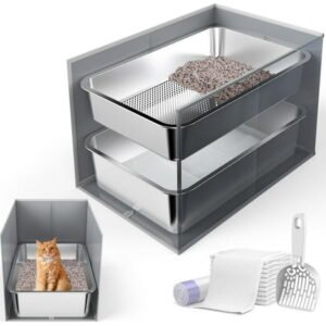 23.6″ x 15.7″ x 6″ Stainless Steel Litter Box with Litter Box Enclosure Splash Guard for Big Cats, Multi-Cats, High Sided Sifting Litter Box for Non-clumping Litter, Easy Cleaning for Long-Lasting