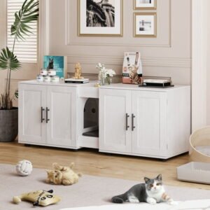 AOILE Stylish Double-Room Cat Litter Cabinet Furniture – 55”L x 17.7”W x 22.5”H | Elegant Litter Box Enclosure for 2 Cats with Cat Mat, Waterproof Material, and Storage Groove