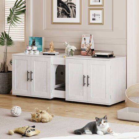 AOILE Stylish Double-Room Cat Litter Cabinet Furniture – 55”L x 17.7”W x 22.5”H | Elegant Litter Box Enclosure for 2 Cats with Cat Mat, Waterproof Material, and Storage Groove