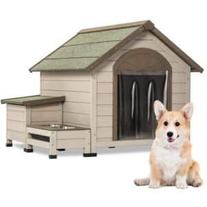 Pefilos 32″ Wooden Dog House for Outdoor Puppy Shelter Kennel Indoor Dog Crate, with Wood Feeder Pet Cages for Cats, Beige