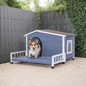 Pefilos 44″ Wooden Dog House Outdoor Large Dog Kennel Weatherproof with Raised Floor, Windows and Door Curtains for Small to Medium Dogs, Gray