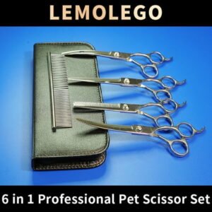 Lemulegu 6-Piece Stainless Steel Curved Tip Grooming Scissors Set for Dogs and Cats with Storage Box