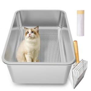 Stainless Steel Sifting Litter Box,Metal Sifting Cat Litter Box for Wood Pine Pellets,Medium Sifter Litter Pan System for Small Cats,Easy to Clean,with Litter Boxes Liners and Metal Scoop