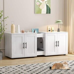 Yiwa 55″L Hidden Litter Box Enclosure Furniture with Double Cage, Wood Cat House