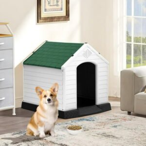 Dkelincs 28 inch Durable Plastic Dog House Indoor Outdoor Weatherproof Pet House with Air Vents and Elevated Floor, Green