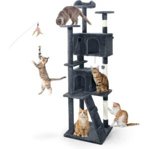 CAPHAUS Cat Tower for Indoor w/Cat Wand Toy, Modern Cute 74-Inch Cat Tree w/Widened Perch for Large Cats Kittens, Multi-Level Cat Activity Tree w/Scratching Posts, Tunnel, Basket, Cat Cave Condo
