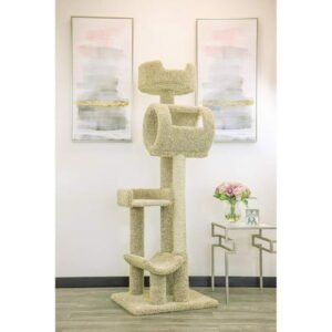 Southwestern Sanctuary Multi-Level Cat Cat Climbing Tower Cat Tree, Solid Wood and Carpet Construction, Modern Cat Tree with Scratch Post and Sturdy Base Beige/20 L x 24″ W x 69″ H