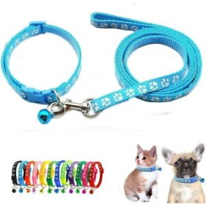 Dog Collar with Bell Leash Set,Nylon Basic Reflective Puppy Collars Girls Boys Paw Print for XXS Xs Small Cat Pet Animal Litter Tiny Kitten