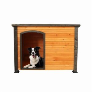 45″ Large Outdoor/Indoor Wooden Dog House with Winter Retention Strap, Elevated Feet, and Weatherproof Finish – Insulated Kennel for Large Dogs (Gold Red, Black)