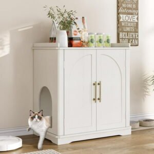 VEANERWOOD 33.5″H Hidden Cat Litter Box Enclosure Furniture Multi-Functional Cat Litter Box Washroom with Removable Dividers for Bedrooms, Living Room, Hallway