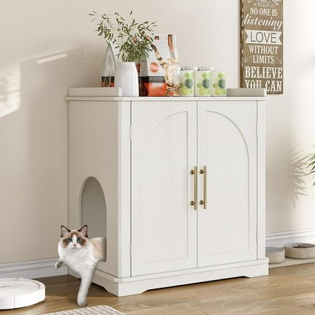 VEANERWOOD 33.5″H Hidden Cat Litter Box Enclosure Furniture Multi-Functional Cat Litter Box Washroom with Removable Dividers for Bedrooms, Living Room, Hallway