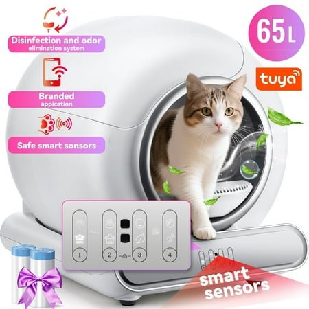 Self Cleaning Litter Box, Automatic Cat Litter Box Self Cleaning for Multiple Cats, Smart Litter Box Scoopfree Covered Ultra Cleaning -Odor Removal -APP Control Smart Litter Box, White