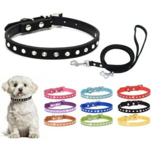 Rhinestone Dog Collar and Leash Set,Cute Dazzling Sparkling Fun Soft Suede Leather Cat Collars Crystal Diamond Pet for XXS XS Small Medium Puppy Kitty Girl Boy