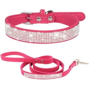 Rhinestone Dog Collar and Leash Set for Small Dogs, Fancy Bling Diamond Cat Collar Crystal Glitter Pretty Jewel Puppy Collar with Leash for XS Small Medium Large Pet Dogs Cats