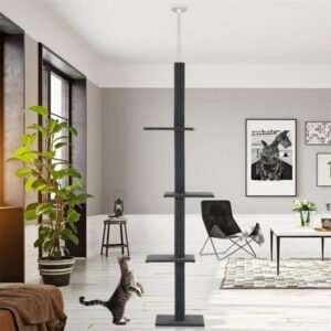 Pefilos Three Tier Cat Tower for Indoor Cats Floor-to-Ceiling Cat Tree Cat Climbing Tree Modern Cat Tree Tower 9 Feet (Adjustable 90″-108″ Tall), Gray