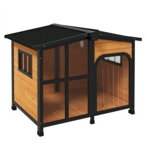 Outside Cabin-Style Wooden Dog House for Large Dogs with Openable Roof & Giant Window, Outdoor & Indoor Big Dog House, Asphalt Roof, Yellow Yellow + Wood