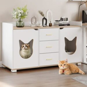 Craftian Litter Box Enclosure with Drawers & Rooms, Wood Cat Litter Box Furniture Cabinet, White