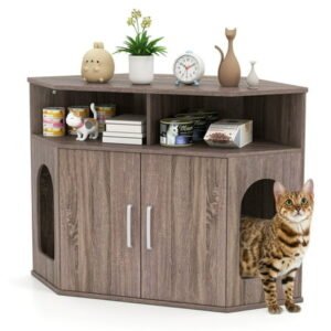 Gymax 3-Tier Modern Corner Cat Litter Box Enclosure w/ Storage Shelves Double Doors