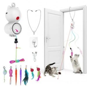 Rechale 2 in 1 Interactive Cat Toy – Smart Laser & Hook, USB Rechargeable, 7 Replaceable Accessories, Indoor Entertainment