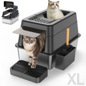 Aphyxen Stainless Steel Litter Box with Lid, XL Extra Large Enclosed Cat Litter Box for Big Cats 110° Flip Cover, Top Entry Metal High Sided Litter Box & Pedal & Scoop, Anti-Leakage (Black)