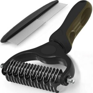 Pet Grooming Brush and Metal Comb, Cat Brush Undercoat Rake for Dogs Grooming Supplies Dematting Deshedding Brush for Shedding, Deshedder Brush Dogs Shedding Tool for Long matted Haired Pets, Black