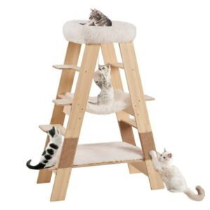 Unipaws Pyramid Cat Tree, 5-Level Wooden Cat Ladder, Sturdy Tall Cat Climbing Tower with Cozy Hammock