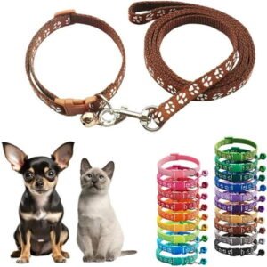 Small Cat Collar and Leash Set with Bell,Purple Nylon Paw Cat Collar Girl Female Cute Fancy Puppy Collar with Bells for XXS XS Tiny Little Kitten Boys Pet Dogs,Neck 7-12 Inch