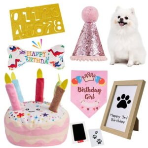Easy Joy Dog Birthday Toy Set & Decorations for Dogs, Includes Squeaky Cake Toy, Plush Bones, Birthday Hats, Bandana, Paw Print Kit & Photo Frame. Dog Birthday Gift Supplies, Pink