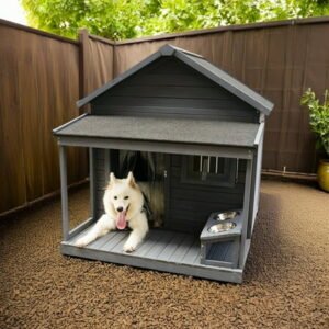 Demi Bonn 44″ Wooden Dog House Outdoor Large Dog Kennel Weatherproof with Cleaning Mat, Terrace for Small to Medium Dogs, Gray
