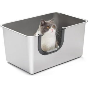 Yangbaga Odor Control Extra Large Stainless Steel Litter Box, Seamless Leak Proof 12 Inches High Sides for Urine & Litter Trapping, Easy Entry for Kittens, Older Cats,Non-Stick,Non-Slip,No Sharp Edge