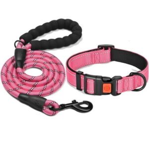 KYAIGUO Dog Collar and Leash Set Reflective Dog Collar Adjustable Nylon Collars for Small Medium Large Dogs(Pink)