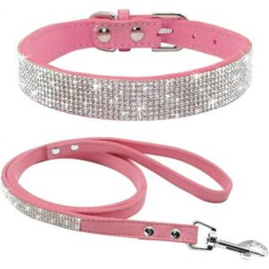 Rhinestone Bling Leather Dog Cat Collar & Leash Set, Crystal Diamonds Studded Cute Bowknot Puppy Small Medium Dogs Collar Puppy Leash
