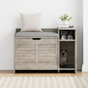 FOLDLIFE Cat Litter Box Enclosure with Top Opening and Cushion, Hidden Cat Litter Box Furniture, Cat Litter Box Cabinet, Cat House, Privacy Wooden Pet Cat Toilet for Kitten,Grey