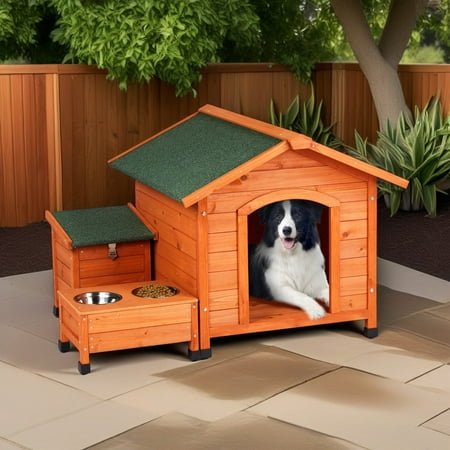 Demi Bonn 34″ Outdoor Fir Wood Dog House, Solid Wood Dog Kennel with An Open Roof, Weatherproof Dog Shelter with Feeder and Storage Box, Orange