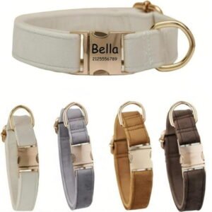 Personalised Velvet Dog Collar – Custom Name Engraved Pet Collar – Soft & Stylish Adjustable Collar&Leash for Small Medium Large Dogs – Luxury Look for Everyday Wear