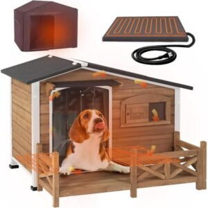 Aivituvin Heated Dog House Outdoor Dog Kennel with Safe Heated Pad, Chew-Proof Metal Frame and Rotating Food Bowl for Small to Medium Dogs, 44.6″ L x 41.1″ W x 32.9“H (Dark Brown)