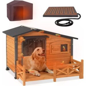 Aivituvin Heated Dog House Outdoor Dog Kennel with Safe Heated Pad, Chew-Proof Metal Frame and Rotating Food Bowl for Small to Medium Dogs, 44.6″ L x 41.1″ W x 32.9“H (Brown)