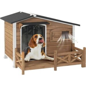 Aivituvin Dog House Outdoor with Anti-Chewing Metal Frame, Wooden Dog Kennel with Sliding Window, Detachable Floor, Weatherproof Roof – Brown